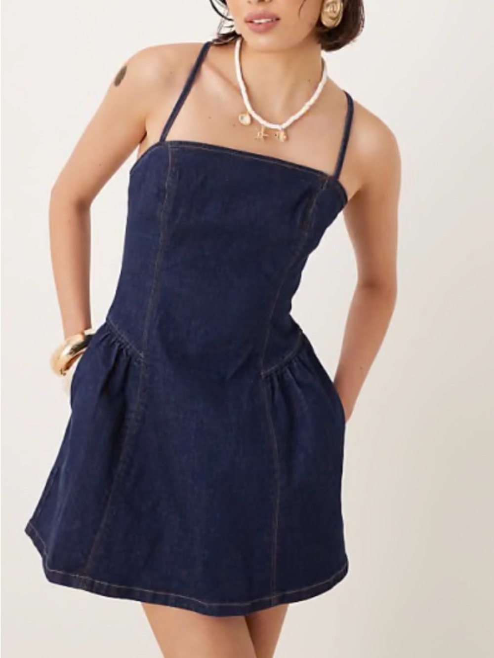 Abercrombie & Fitch dipped waist cross-back denim mini dress in indigo wash